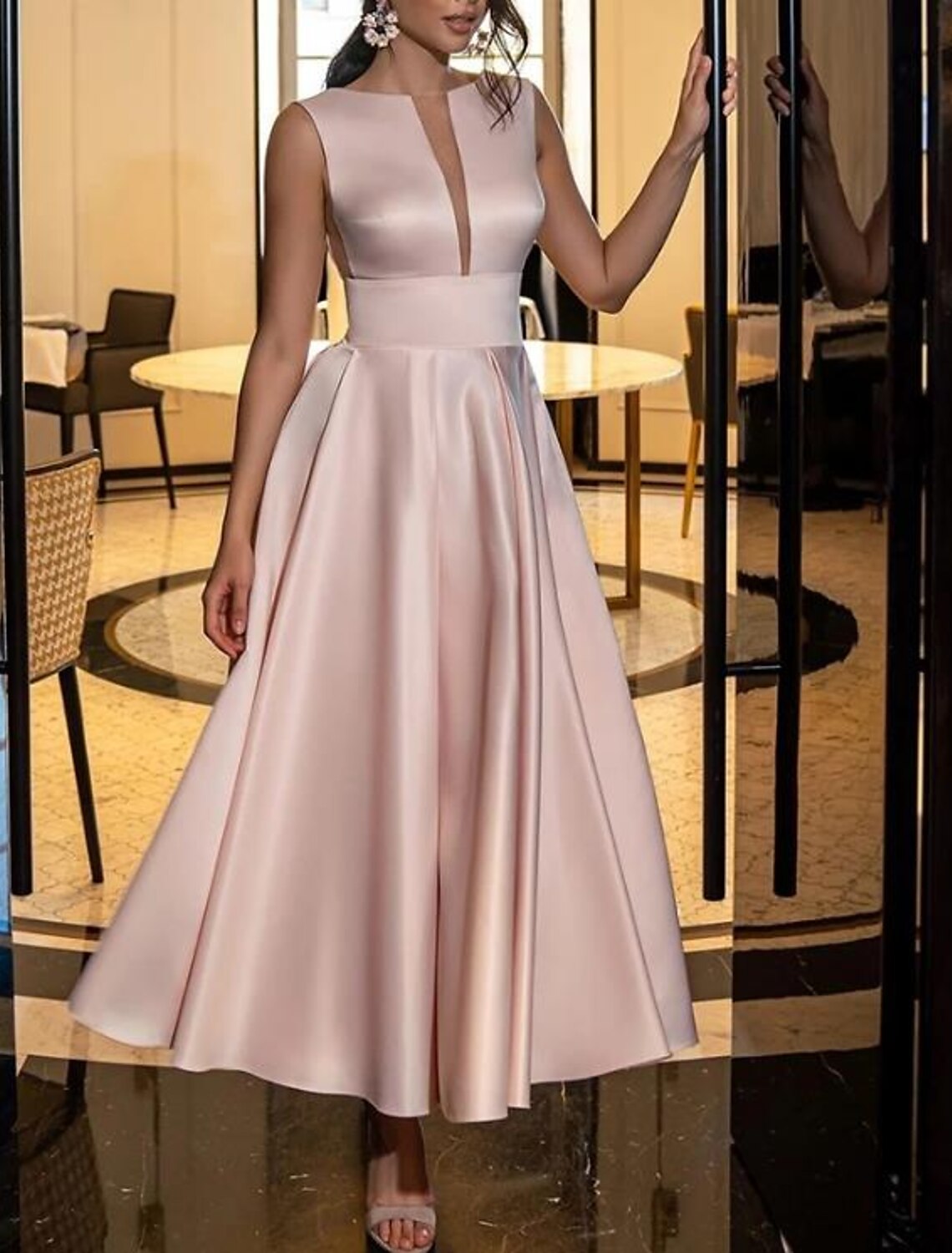 Abito da sera a trapezio, con scollo a V, per fidanzamento, matrimonio, festa, strascico a ruota, senza maniche, scollo gioiello, in raso italiano, senza schienale, con elegante colore puro